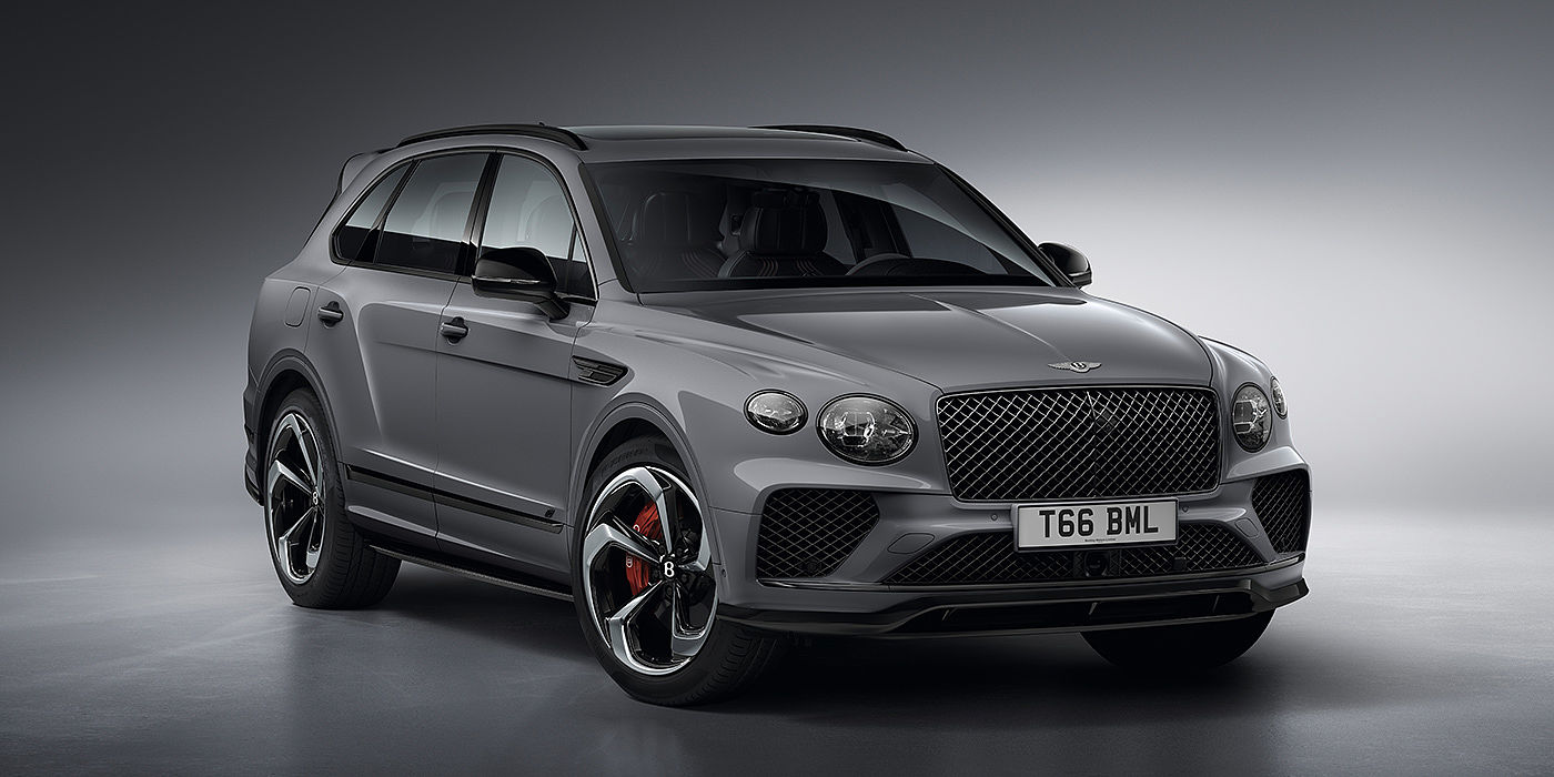 Bentley Suzhou Bentley Bentayga S in Cambrian Grey paint front three - quarter view with dark chrome matrix grille and featuring elliptical LED matrix headlights. 