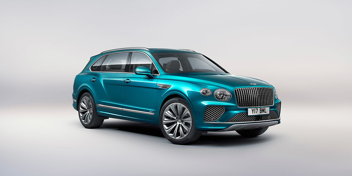 Bentley Suzhou Bentley Bentayga EWB Azure front three-quarter view, featuring a fluted chrome grille with a matrix lower grille and chrome accents in Topaz blue paint.