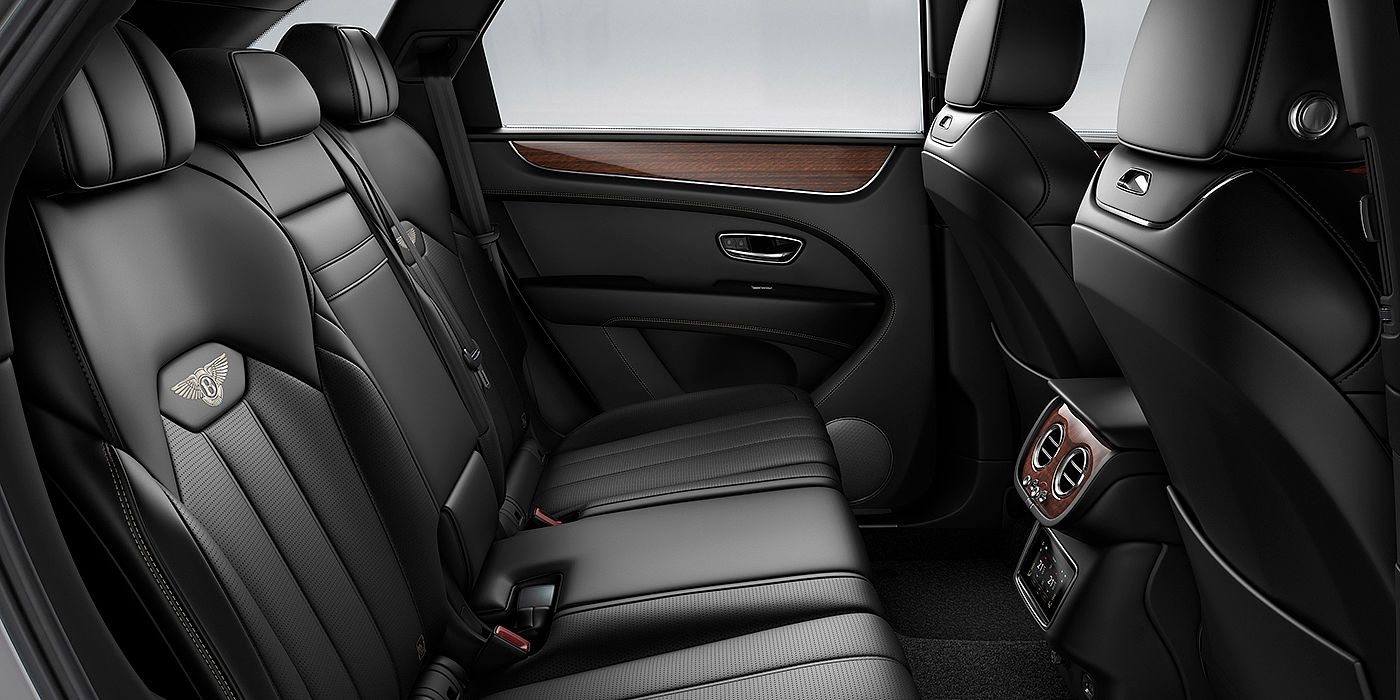 Bentley Suzhou Bentey Bentayga interior view for rear passengers with Beluga black hide.