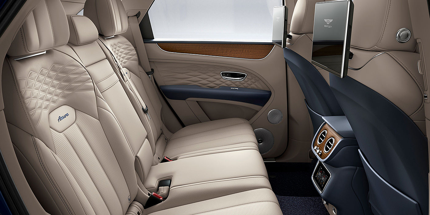 Bentley Suzhou Bentey Bentayga Azure interior view for rear passengers with Portland hide and Rear Seat Entertainment. 