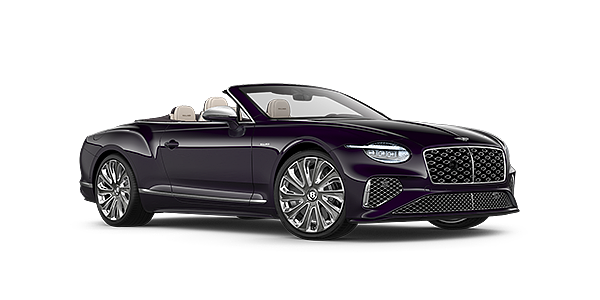 Bentley Suzhou Bentley New Continental GTC Mulliner convertible front three quarter view in Damson paint with 22 inch Mulliner painted and polished wheel