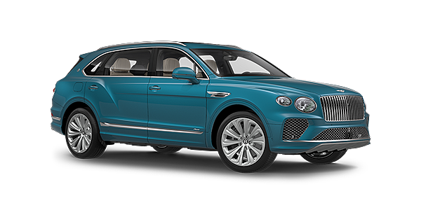 Bentley Suzhou Bentayga Extended Wheelbase Azure luxury SUV front three quarter in Topaz Blue by Mulliner paint