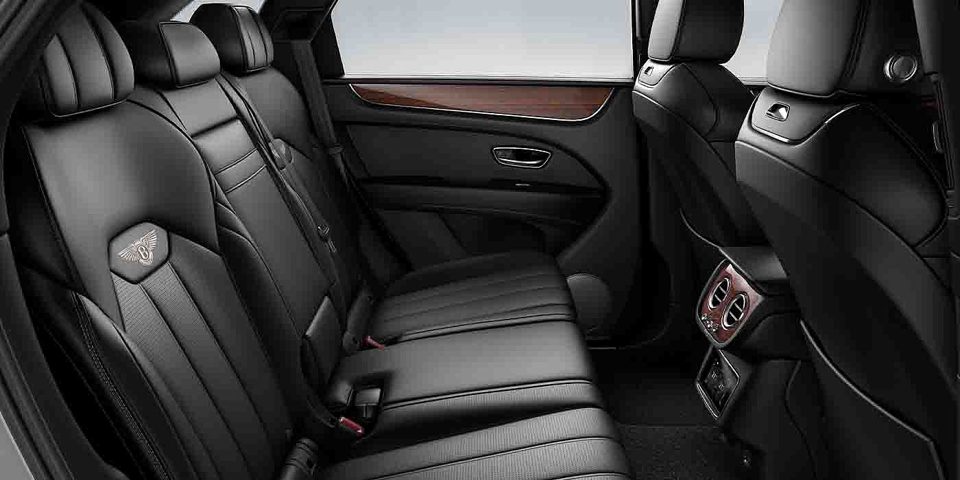 Bentley Suzhou Bentley Bentayga EWB interior view for rear passengers with Beluga black hide.
